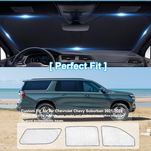Image of KMF 8pcs Thicken Sun Shades for Chevrolet Chevy Suburban 2021-2026 Accessories, Car Full Window Covers Sunshade for Windshield Side Rear, UV Block and Blackout Privacy for Camping Outdoor