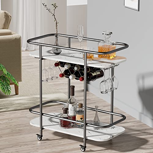 DAWNYIELD Carrello da bar a 2 ripiani su ruote, carrello mobile per bevande con portabottiglie e supporto per bicchieri, con motivo marmo, per cucina, soggiorno, bar (nero)