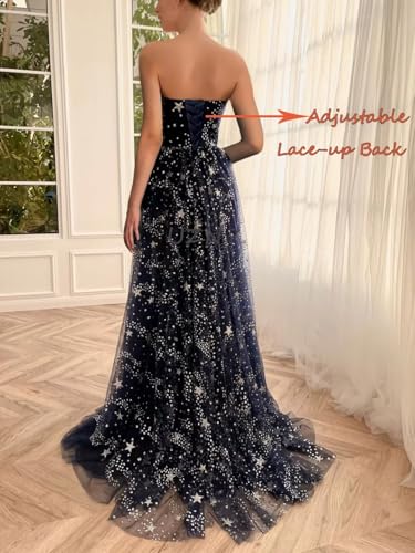 UZN Women's Sparkle Starry Tulle Prom Dresses Strapless Long Formal Evening Party Gowns with Slit2