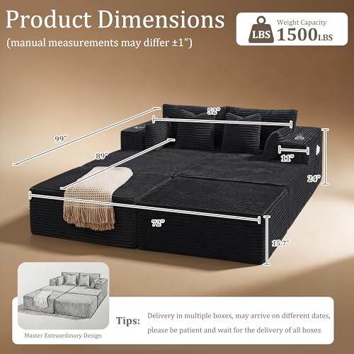 Image of 72 inch Cloud Sectional Couch, Comfort Sleep Sofa for Living Room, Extra Deep Seats No Assembly, Minimalist Modular Couch, Corduroy (Black, Extend Loveseat Chaise)