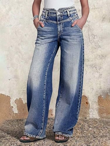 Flamingals Straight Leg High Rise Baggy Button Wash Stitch Detail Notched Denim Jeans with Pockets4