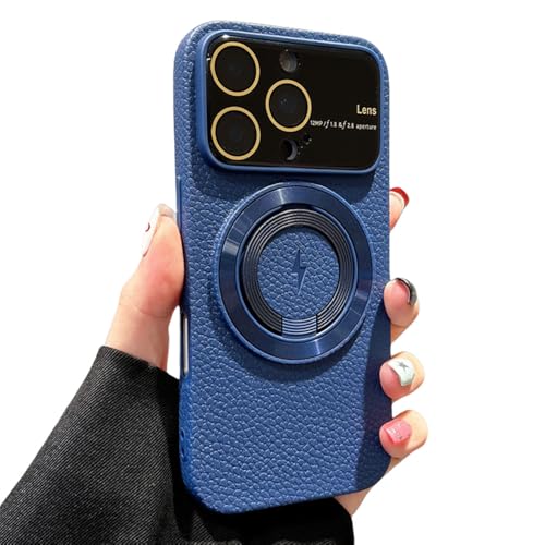 Étui magnétique en cuir litchi pour iPhone 17 Pro avec support rotatif bleu chic