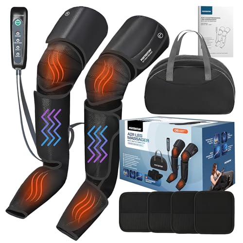 PORTENTUM Botas de presoterapia para casa con calor y vibración – Masajeador piernas con 5 niveles de compresión de aire – Mando – Alivia piernas cansadas y mejora la circulación – Bolsa transporte