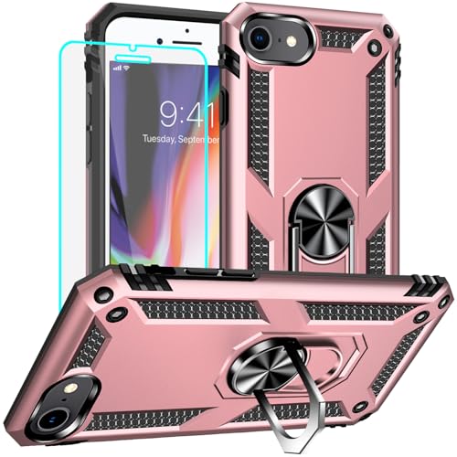 Yiakeng for iPhone 8 Case, iPhone 7 Case, iPhone SE 2020/2022 Case with Screen Protector, Military Grade Protective Cases with Ring for iPhone 8/7/SE 2020 (Rose Gold)