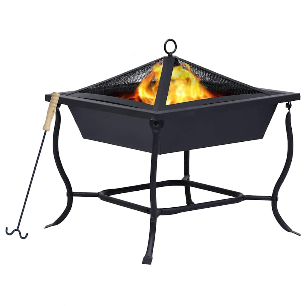 Braciere nero, 42 x 42 x 45 cm, in acciaio verniciato a polvere, con ciotola quadrata, griglia di protezione, attizzatoio in legno e calore, per giardino, terrazza, barbecue
