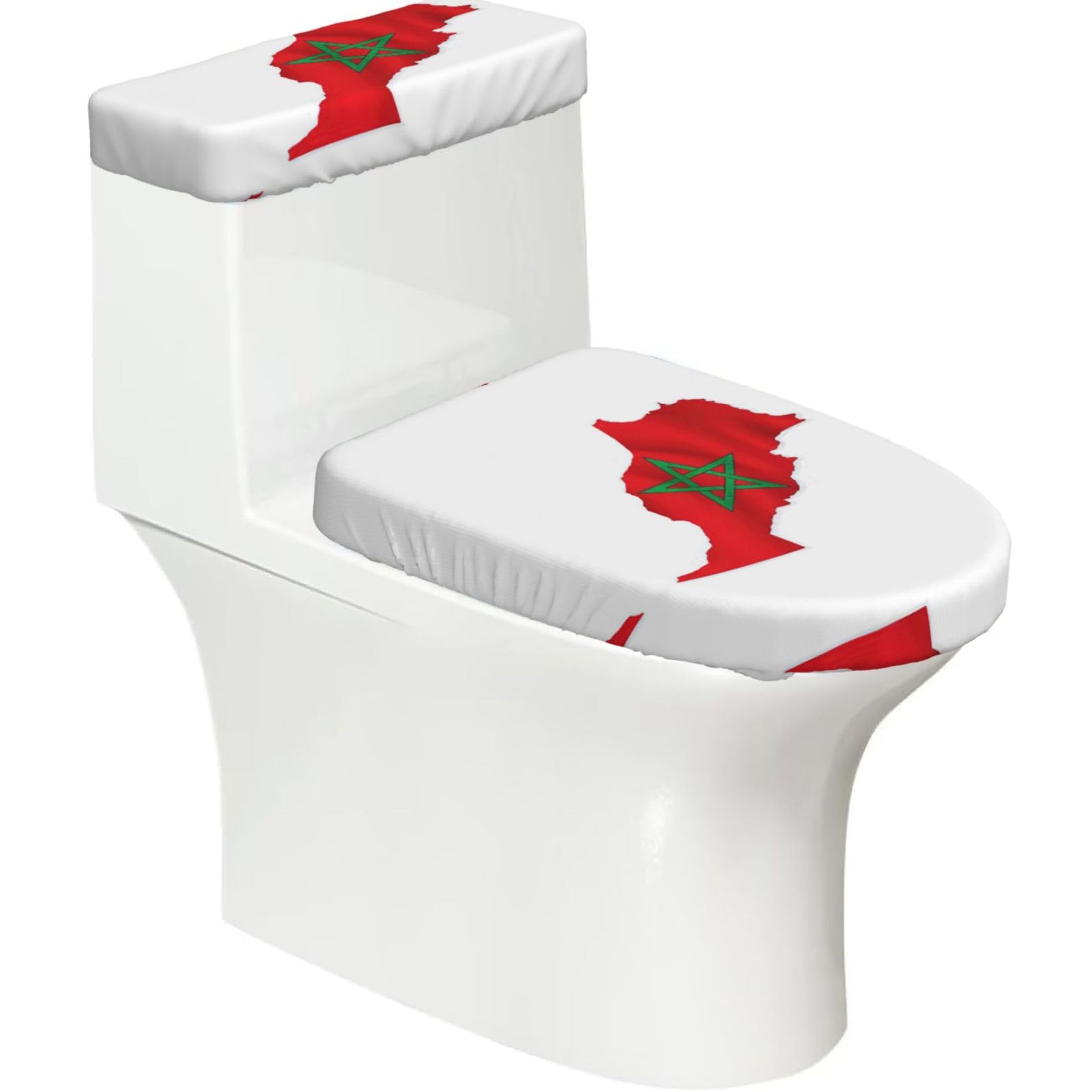 Morocco Flag Map Print Toilet Lid Cover And Tank Lid Cover For Bathroom With Elastic Bottom, Bathroom Decoration