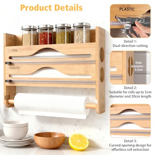 Foil and Aluminium Holder with Cutter, 4 in 1 Kitchen Roll Dispenser for Wall, Aluminium Roll Holder and Kitchen Film, Wood Colour — view 5