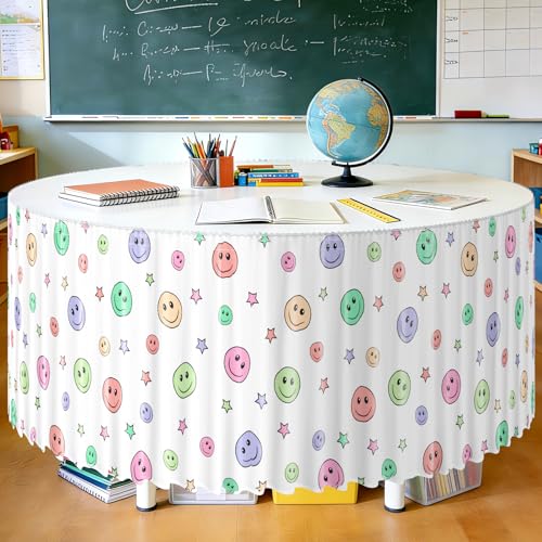 Image of 14FT Ruffle Smiley Face Table Skirt Pastel Teacher Desk Skirt for Classroom Decor Rectangle Table Cloth for Back to School Decorations Colorful Birthday Party Supplies Office Dorm Bookcase Cabinet