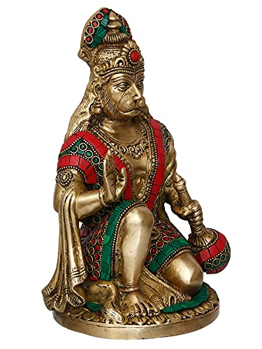 Image of eCraftIndia Golden Brass Handcrafted Blessing Lord Hanuman Idol with Mace - Auspicious Religious God Idol for Home, Office, Temple for Hanuman Jayanti Festival and Devotees