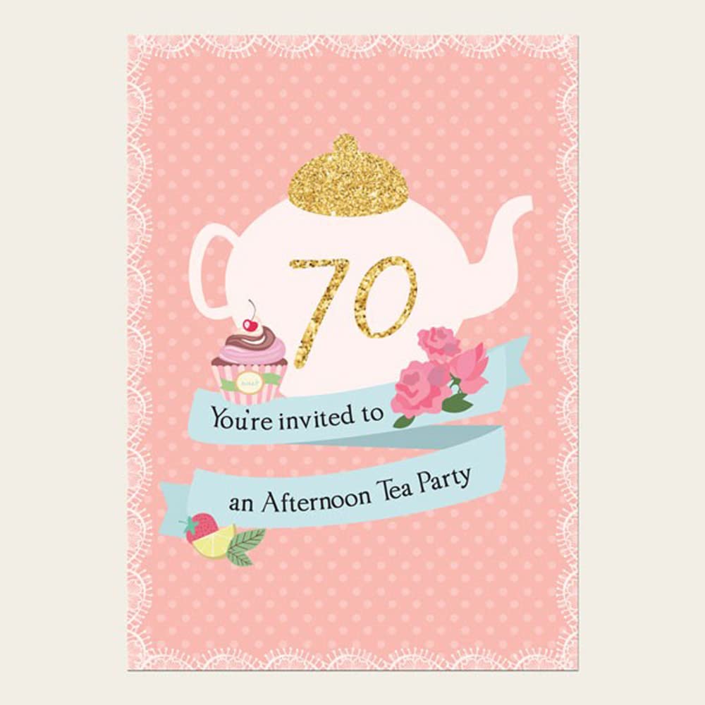 Dotty about Paper Birthday Party Invitations - Teapot and Cupcake - Pack of 10-70th. Celebration, Family, Friends, Floral, Watercolours, Wide Range of Ages. Envelopes Included. (769)