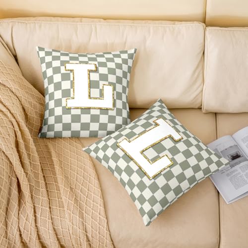 Image of Erosebridal Sage Green Checkered Throw Pillow Covers 22x22 Set of 2 Plaid Initial L Pillow Covers Personalized Monogram Cushion Cover Fashion Grids Gingham Pillow Cases for Couch Sofa
