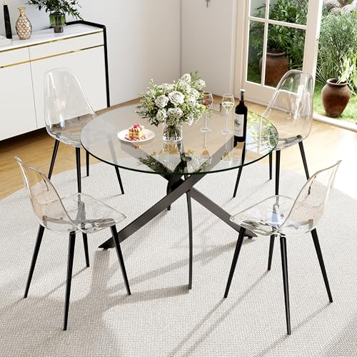 HAIZAO Clear Round Glass Dining Table Set for 4, 5 Piece Circle Kitchen Table Set, 36'' Modern Circular Dining Room Table Set, Minimalist Dining Set, Clear Acrylic Chair, for Small Place (Black)