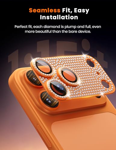 Image of Hoerrye Bling Diamond Camera Lens Protector for iPhone 17 Pro Max - [1:1 Full Coverage][Strong Adsorption] 9H+ Tempered Glass Screen Protective Cover Case Friendly,Glitter Orange