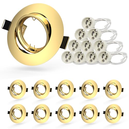 Allesgute 10x GU10 Downlights for Ceilings 360° Tilt Swivel Recessed Ceiling Lights Metal Frame Round Gold Finish Spotlight Fittings 240V, Outer Diameter: 90mm, Cutout Ø68-85mm, No Bulbs