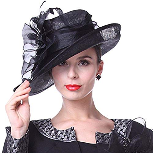 KUEENI Women Hats Church Hats Elegant Lady Derby Hat Sinamay Black Color