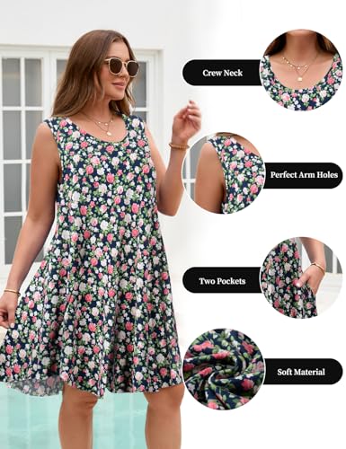 Image of JollieLovin Women Plus Size Curvy Summer Tank Sun Dresses Sleeveless Causal T-Shirt Dress Beach Swing Cover up(L-5X)