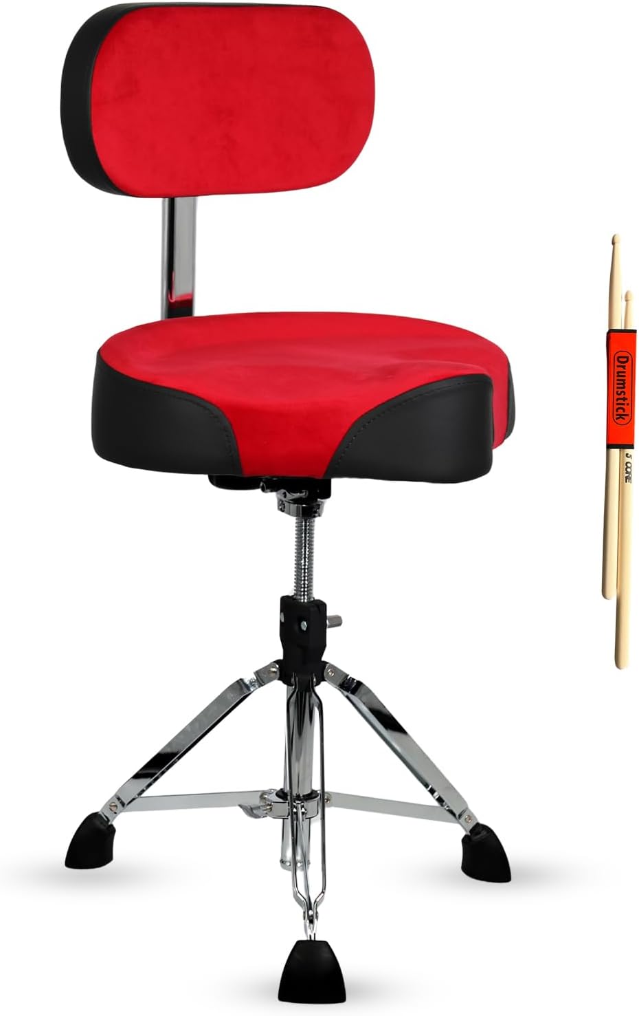 5 CORE Drum Throne w Backrest 4" Padded Stool Swivel Adjustable 26.5" Drummer Chair w Ergonomic Motorcycle Seat Velvet Top Heavy Duty 441Lb Capacity for Adults & Kids - DS VEL Rest SWL (Red)
