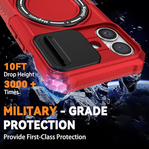 Magnetic Phone Case for iPhone 16, with Ring Stand [Glass Screen Protector] [Compatible with MagSafe] Military Grade Case with Camera Cover, Heavy Duty Shockproof Cover for iPhone 16 6.1 inch, Red by KTUOHU - Used condition - Image 3
