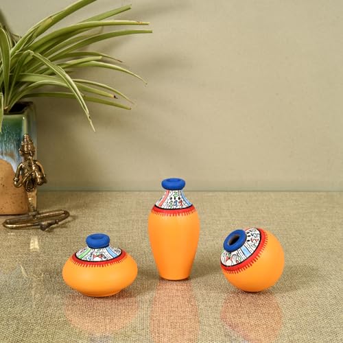 Image of Aakriti Art Creations Miniature Warli Treasures Vase Set of 3 | Madhubani Hand-Painted Terracotta Vases in Yellow | Matte Finish Decorative Vases for Living Room, Table Decor & Gifting