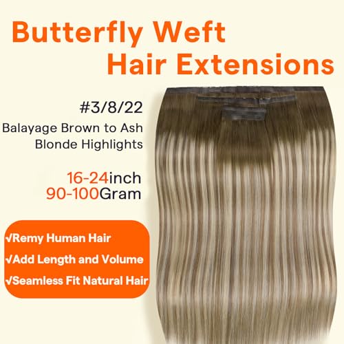 Image of Full Shine Butterfly Weft Hair Extensions 22 Inch 100G 5Pcs for Long Hair | Balayage Olive Brown to Ash Brown Mix Blonde, Breathable PU Holes Hairpieces, Straight Remy Hairpiece, Daily Wear Solution