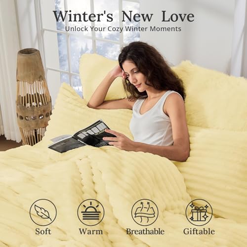 Image of Sasttie California King Comforter Set 3 Pieces - Super Soft Fleece Comforters Cal King Size, 1 Luxury Warm Fuzzy Marshmallow Cali King Comforter with 2 Pillow Cases, Faux Fur Bedding Set, Light Yellow