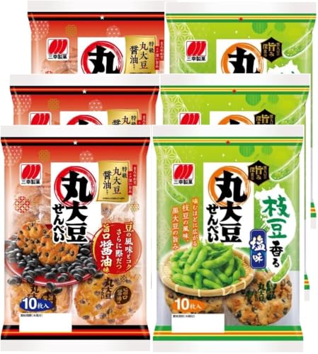 【3セット/2種】丸大豆せんべい (旨口醤油味 10枚入り / 枝豆香る塩味 10枚入り) 三幸製菓 スナック おやつ 豊かな味わい 健康志向 香ばしさ 本格派の黒大豆入り 堅焼せんべい ほんのり甘い旨口醤油 黒大豆 風味 食感 おまけ付(シール)