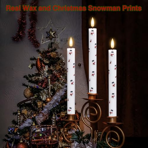 Image of GenSwin Christmas Taper Candles with Snowman Decals, 4 Pack LED Taper Candles with Timer, Real Wax Flickering LED Flickering Flameless Candlesticks with Christmas Prints for Home Decor(0.78 inch x 9.6 inch)