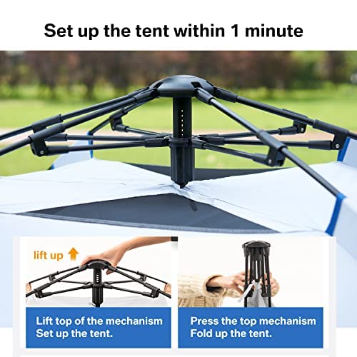 Echosmile Pop Up Tent Family Camping Tent, 4 Person Instant Tent, Easy Set Up Tent, Lightweight Portable Automatic Tent, Waterproof Dome Tent, Windproof Outdoor Backpacking Tent(White&Blue (4 Person)) - Thumbnail 5