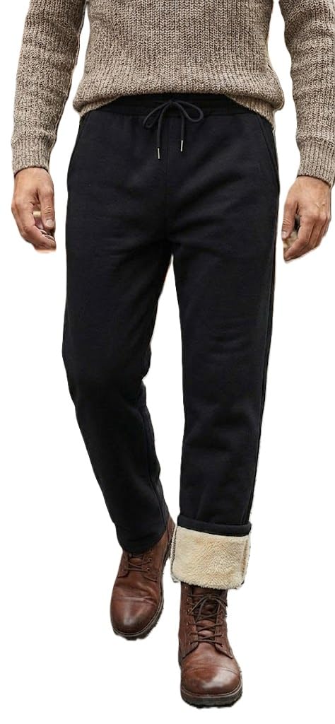 Black Medium Men's Winter Warm Fleece Sherpa Lined Sweatpants Active Thermal Track Pants with Pockets Drawstring Waist Winter Pyjamas & Lounge Pant