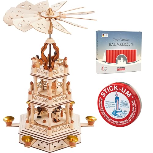 BRUBAKER Christmas Pyramid - 18 Inches - 3 Tier Carousel - Wooden Rotating Christmas Decoration Nativity Play - Hand-Painted Figures + 20 Red Candles + Stick-Um Candle Adhesive