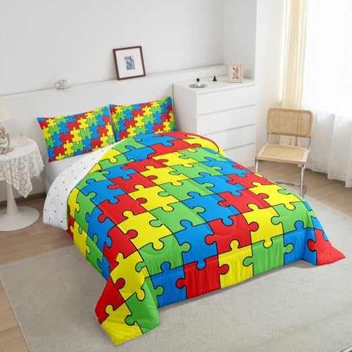 Image of Feelyou Funny Colorful Blocks Kids Bedding Set Boys Girls Abstract Geometric Comforter Set Queen Size Game Pieces Fractal Hobby Duvet Insert Bright Multicolor Room Decor