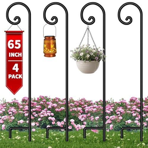 BEAU JARDIN 4 Pack Shepherds Hook 65 inch One Piece Structure No Assembly Required 1/2in Solid Shepards Hook for Outdoor Garden Plants Hummingbird Bird Feeders Pole Lanterns Heavy Duty BG395