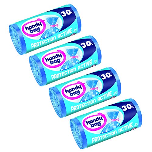 Handy bag 4 rollos de 20 bolsas de basura 30 L, cierre con bridas, protección Active antibacteriana, antigoteo, 50 x 70 cm, azul, opaco