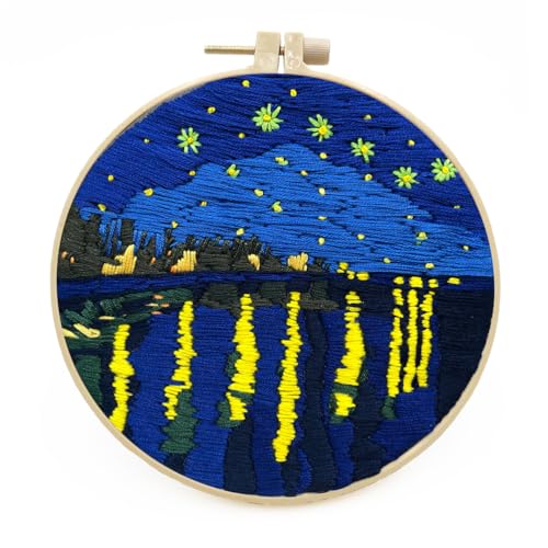 Image of Meecaa Rhone Starry Sky Night Embroidery Kit Starter Set, Hand Embroidery Set,Pattern Printed Cross Stitch Set for Beginner Adults, with Embroidery Hoop and Instructions (Rhone Starry Sky)