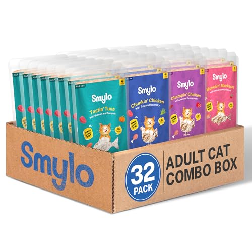 Image of Smylo Natural Healthy Adult Cat Wet Food (1+ Yrs) 70g x 32 Packs| Variety Combo of Chicken, Tuna, Mackerel and Chicken & Tuna Recipes | Grain Free, No Preservatives & by-Products | Vet-Formulated
