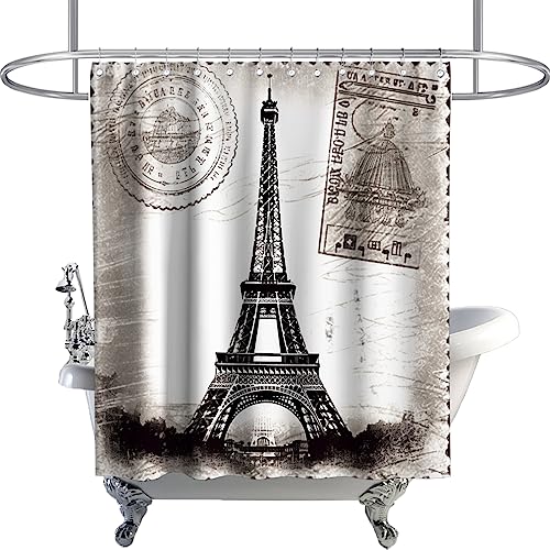Romantic French Paris Eiffel Tower City Of Love Retro Theme Fabric Black And White Shower Curtain Sets Kids Bathroom Home Decoration Decor With Hooks Waterproof Washable 72 X 72 Inches #TOP6