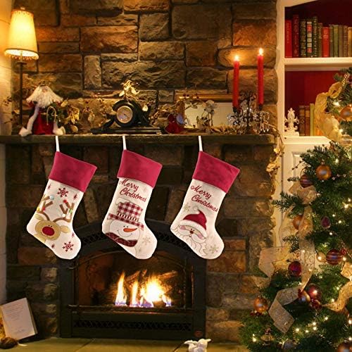 WEWILL Brand Lovely Christmas Stockings Set of 3 Santa, Reindeer, Snowman Xmas Character 3D Plush Linen Hanging Tag Knit Border 17-Inch/43CM (Style 1)