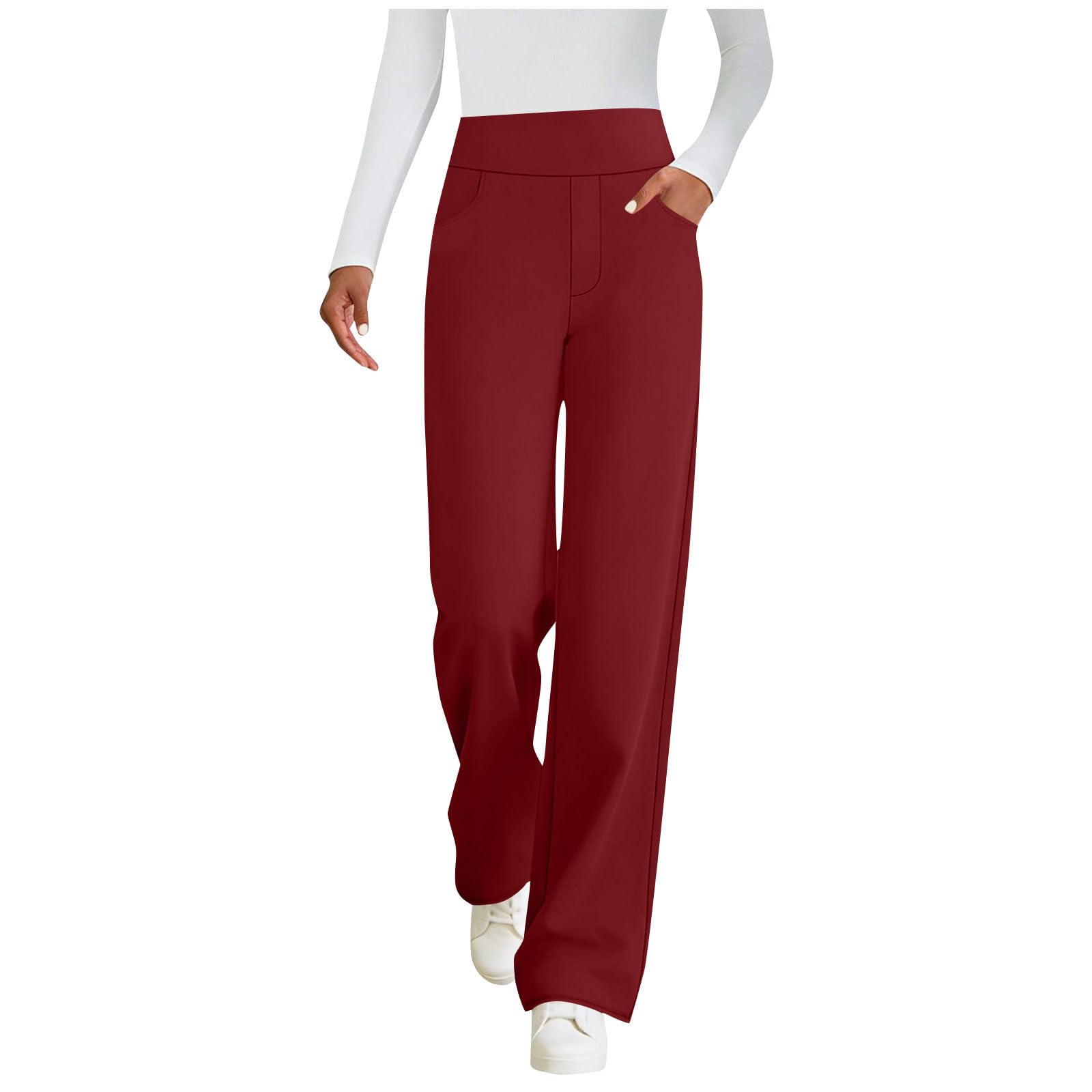 Womens High Waist Elastic Pants with Pockets High Waist Loose Stretchy Straight Leg Pants Soft Spring Solid Trousers