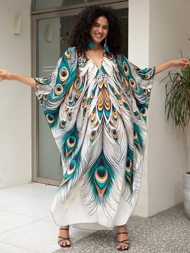 Image of IMAGEKOPE Women's Plus Size Animal Print V-Neck Batwing Kaftan Beach Dress Bathing Suit Cover-Up Loungewear