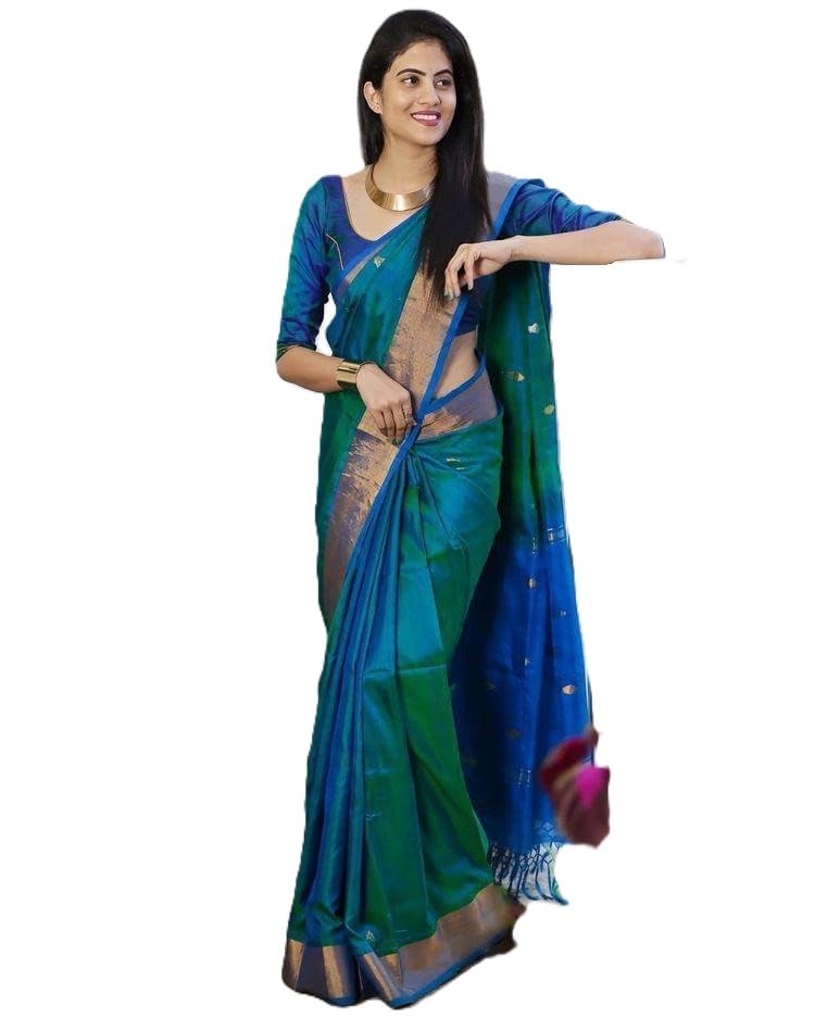Image of Flosive Blue Silk Blend Saree for Women with Golden Zari Border | Traditional Designer Ethnic Wear Saree | Festive, Wedding & Cultural Occasion Wear | Soft Rich Pallu with Blouse Piece