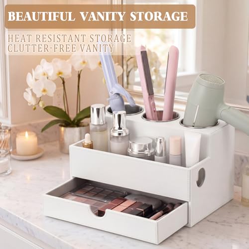 Image of AceOrbit Hair Tool Organizer with Drawer Back to School Gift Leather Bathroom Vanity Organizer White Blow Dryer Hot Styling Tool Hair Holder for Countertop Curling Iron Flat Iron Straightener Makeup