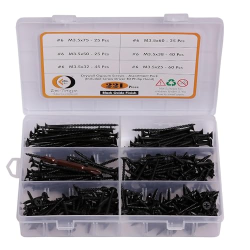 Image of Drywall Gypsum Black Screws Sharp Point Self Tapping Screws Carbon Steel Wood Screws Assortment Set (Pack of 221 Pcs)