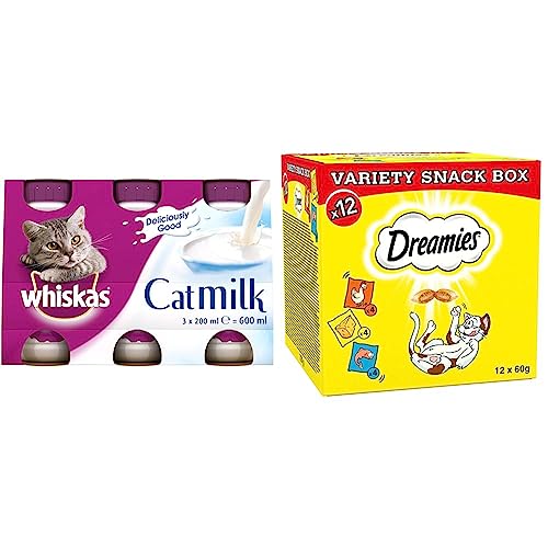 Whiskas Cat Milk 15 x 200 ml bottles, Complementary Cat Food for Kittens Over Aged 6 weeks & Dreamies Variety Snack Box 12 x 60 g Pouches, Cat Treats Tasty Snacks with Delicious Chicken