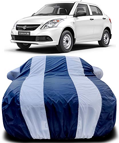 Image of PurpleHeart Triple Stitched Bottom Elastic Water Resistant UV Protection & Dustproof Car Body Cover with Mirror Pocket for Maruti Suzuki Swift Dzire (2020-2021), Blue & White