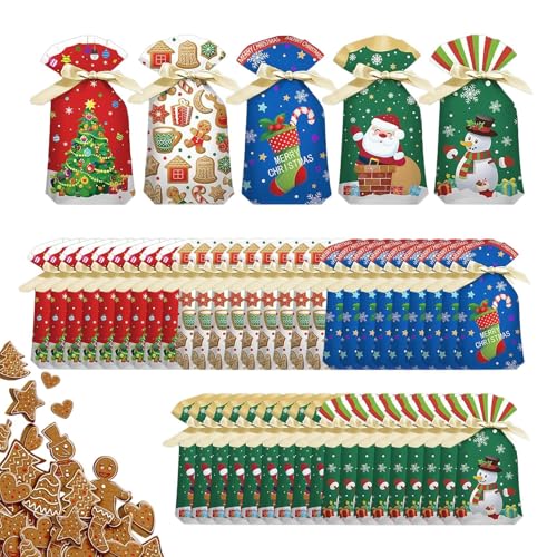 クリスマスお菓子袋,50個 再利用可能 引き紐付き,クリスマスパーティーギフト袋 - クッキー スナック ポップコーン ハロウィン 誕生日 パーティー 祝日 教室 学校 イベント用
