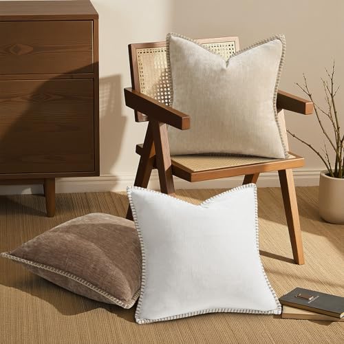 Image of decorUhome Fall Chenille Soft Cozy Throw Pillow Covers 22x22 Set of 2, Modern Farmhouse Boho Velvet Decorative Euro Sham Pillow Cases with Stitched Edge for Couch Sofa Bed Home Decor, Brown