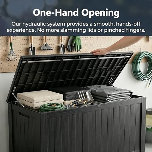 Image of 178 Gallon Resin Deck Box with Gas Lift Support - Outdoor Storage for Patio Furniture, Garden Tools & BBQ Accessories - Weatherproof Wood Grain Design with 660 Lbs Bench Seat (Lockable Lid)