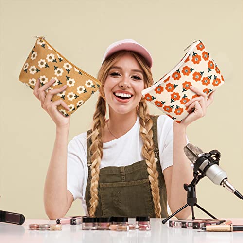 Photect 3 Pcs Floral Makeup Bag for Purse Small Cosmetic Bag Corduroy Canvas Pouch Mini Toiletry Zipper Travel Pouch for Women Bulk Gifts for Teachers School Organizer Storage Accessories(Cute)4