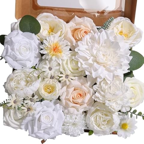 Alifst Artificial Flowers Combo Box Set White Flower Silk Cake Flowers for DIY Wedding Bridal Bouquets Baby Shower Centerpieces Floral Arrangements Party Tables Home Decorations Cover