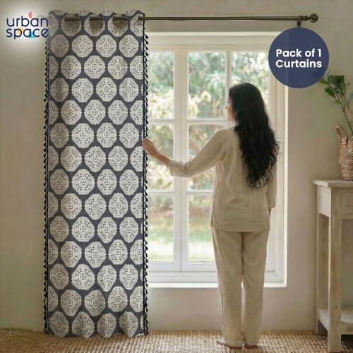 Image of Urban Space Boho Decorative Curtains for Long Door, 100% Cotton Curtain 8 Feet Long, Set of 1 Curtains with Tassels, 60-65% Room Darkening Curtain with Tieback and Eyelets(Mandala Grey, 8 Feet)